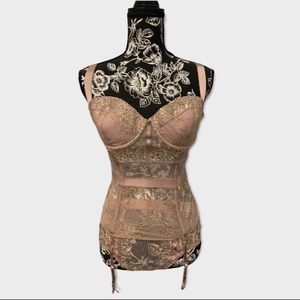 Very sexy Corset Bra top with high waste caged thong foil Gold 36c-M